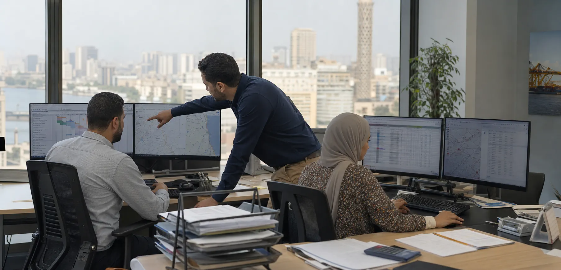 Logistics operations team coordinating shipments in a Cairo office